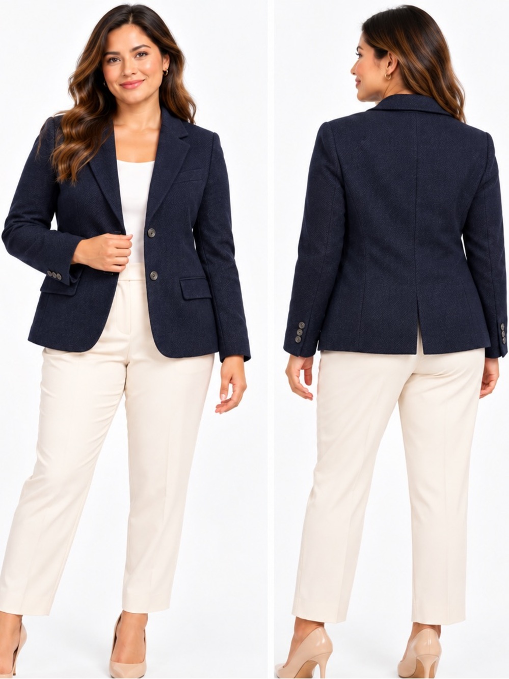 Lands’ End wool Women’s 12 Petite Navy Blue Textured Tailored Blazer Jacket